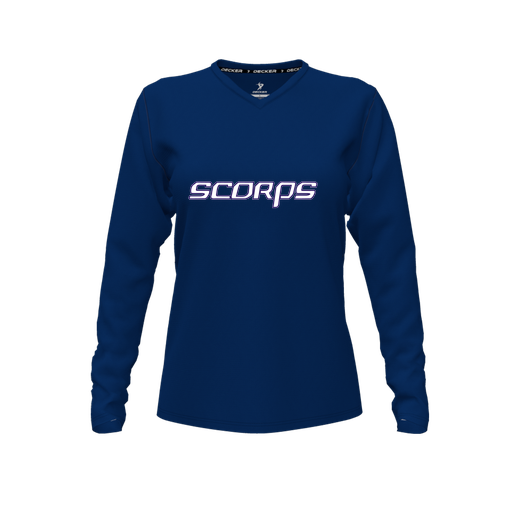 [CUS-DFW-TEES-PER-VNK-LSL-NVY-FYXS-LOGO2] Performance T-Shirt (Female Youth XS, Navy, V Neck, Logo 2, Long Sleeve)